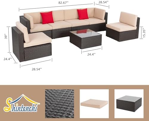 Shintenchi 7 Pieces Patio Furniture Sets Outdoor All-Weather Sectional Patio Sofa Set PE Rattan Manual Weaving Wicker Patio Conversation Set with Glass Table&Ottoman Cushion and Red Pillows, Beige