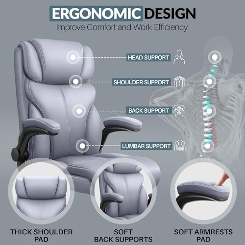 HeroSet Office Chair, Ergonomic Big and Tall Computer Desk Chairs, Executive Breathable Leather Chair with Adjustable Flip-up Armrests, Lumbar Support Swivel PC Chair with Rocking Function,Matte Gray