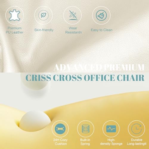 Flip Armrests Criss Cross Office Chair, Reclining Office Chair with Foot Rest, Adjustable Headrest, Massage Waist Pillow, Cross Legged Big and Tall Desk Chair Wide Seat Vanity Chair, White PU Leather