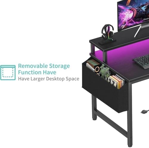 Lufeiya Small Desk with Power Outlets and LED Lights, 32 Inch Teen Writing Study Table Home Office Computer Desks with Monitor Stand, Gaming Desk with Charging Station, Black
