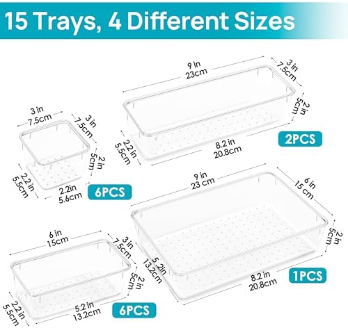Vtopmart 15 PCS Clear Plastic Drawer Organizers Set, Vanity Organizer Trays