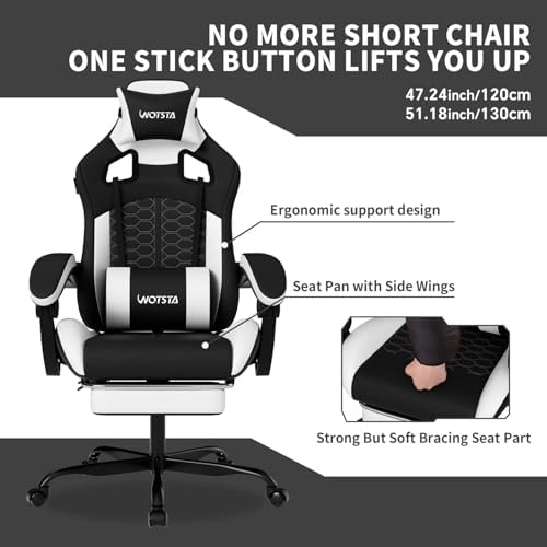 Gaming Chair with Massage,Ergonomic PC Gaming Chair with Footrest Comfortable Headrest and Lumbar Support,High Back PVC Leather,300LBS (Black White)