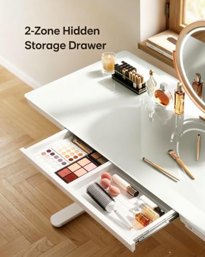 Marsail Glass Standing Desk with Drawer, 48 x 24 inch Electric Standing Desk, Height Adjustable Desk with One-Piece Tabletop & USB Charging Ports, Sit Stand Desk with Storage for Home & Office White
