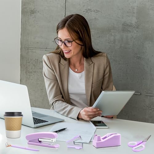 Purple Desk Accessories, Purple Office Supplies, Stapler, Staple Remover, Tape Holder, Pen Holder, Ballpoint Pen, Scissor, Binder Clips, Paper Clips and 1000pcs Staples.