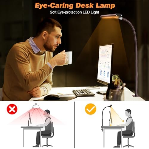 Airlonv LED Desk Lamp with Clamp, 17" Stepless Dimming Light, Brown