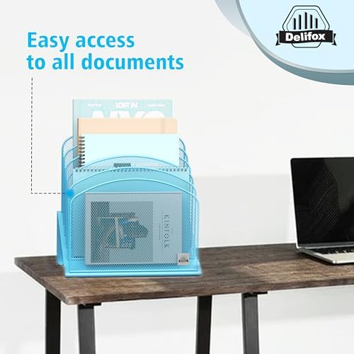 Delifox Inclined Desk File Organizer,Vertical File Folder Holder Stand Metal Rack File Sorter for Office Classroom Desktop Organization (2, Blue, 5)