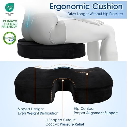 CloudBliss Ergonomic Seat Cushion & Lumbar Support Pillow Set, Black,Large