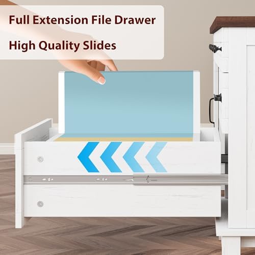 GarveeHome Executive Desk with File Drawers, Farmhouse Home Office Desk with Charging Station, 60 in Wooden Computer Desk with Cabinet Storage for Work Study Writing, White Walunt
