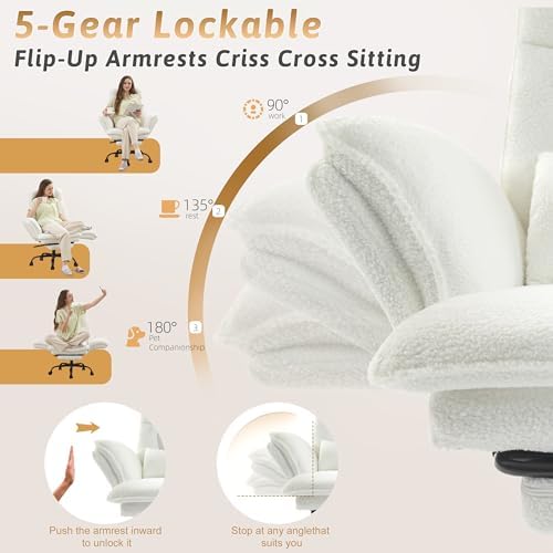 Wider Seat Office Chair with Flip Armrests for Criss Cross Legged&Cats, Big and Tall Executive Ergonomic Reclining Chair with Footrest&Lumbar Pillow, Teddy Fleece Desk Chair,White Vanity Chair
