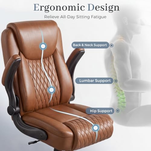 GTPOFFICE Executive Office Chair with Comfortable Lumbar Support, Ergonomic Gaming Chair with Flip-up Armrests & Zoned Pressure-Relief Cushion, Comfy PU Leather Desk Chair, Brown