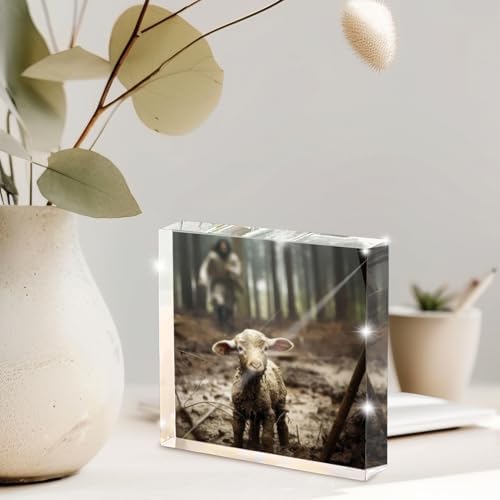 Christian Jesus And Lamb Religious Acrylic Desktop, Spiritual Gifts for Christian Women, Home Decor for Everyday Encouragement, Lost Lamb Themed Office And Faith-Based Home Decor 4x4 Inch