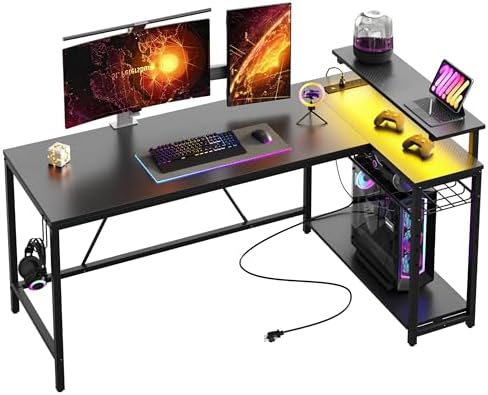 Bestier 58-Inch L-Shaped Gaming Desk with Charging & LED, Black
