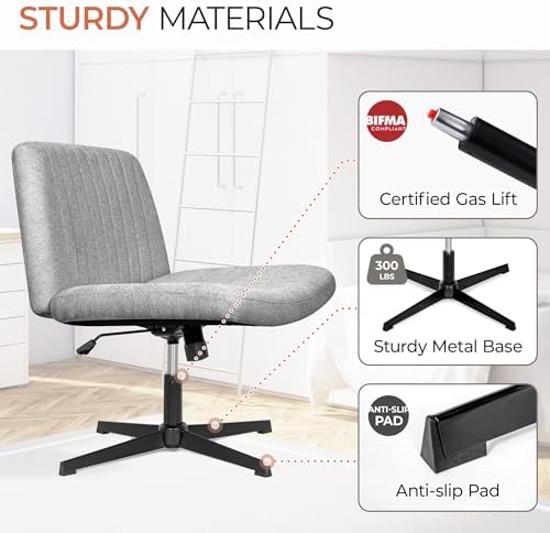 Orange Factory Criss Cross Chair, Wide Fabric Vanity Seat, Grey No Wheel