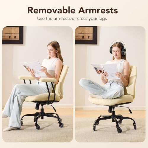YFO Home Office Desk Chair Office Rubber Casters Ergonomic Computer Chair with Lumbar Support Adjustable Height Rolling Swivel Executive Task Armrests Chair๏ผ Cream Leather