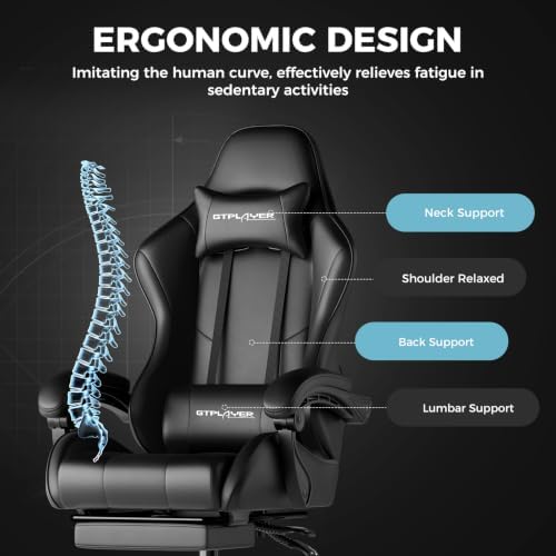 GTPLAYER Gaming Chair, Computer Chair with Footrest and Lumbar Support, Height Adjustable Game Chair with 360°-Swivel Seat and Headrest and for Office or Gaming (Faux Leather, Black)