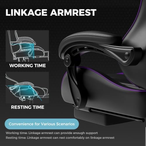 GTPLAYER Gaming Chair, Computer Chair with Footrest and Lumbar Support, Height Adjustable Game Chair with 360°-Swivel Seat and Headrest and for Office or Gaming (Faux Leather, Purple)