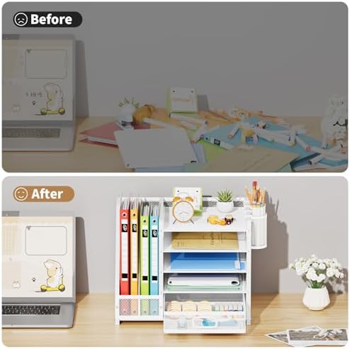 Marbrasse Desk Organizer with File Holder, 5-Tier Paper Letter Tray Organizer with Drawer and 2 Pen Holder, Mesh Desktop Organizer and Storage with Magazine Holder for Office Supplies (Wood-White)