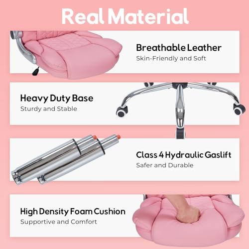 400lbs Executive Office Chair with Flip-Up Armrests, Big and Tall Computer Chair for Heavy People, Heavy Duty Ergonomic Comfy Chair, Breathable PU Leather (Pink)