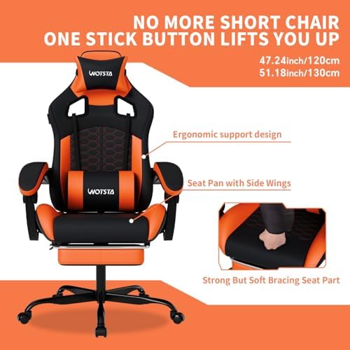Gaming Chair with Massage,Ergonomic PC Gaming Chair with Footrest Comfortable Headrest and Lumbar Support,High Back Game Chair PVC Leather,300LBS (Black&Orange)
