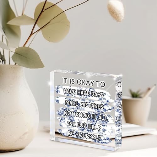 "It's Okay..." Mental Health Decor, Blue and White Porcelain Color Office Acrylic Gift Therapy Inspirational Decorations for School Counseling Office Therapy Desktop Art Decoration School Counselor
