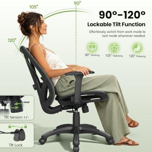 Ergonomic Office Chair, Mesh Computer Desk Chairs with BIFMA X5.1 Certified, Adjustable Lumbar Support, 3D Arm, Tilt Back, Wide Seat, Comfy Swivel Work Task Chair for Company and Home (Forest Green)