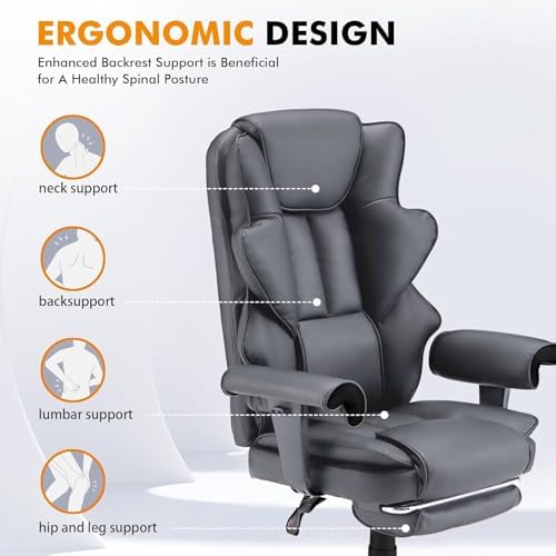 HOMREST 6-Point Massage Executive Chair,Heat Office Chair,Ergonomic Home Office Desk Chairs with Retractable Footrest and Reclining Function,Leather Computer Chair with Adjustable Armrest(โGrey)