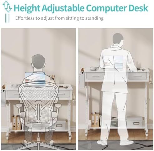 White Portable Rolling Computer Desk - 40 Inch Adjustable Mobile Standing Teacher Desks with 3 Fabric Drawers on Wheels, Couch Sofa Side Laptop Stand Up Table with Storage for Home Office, White