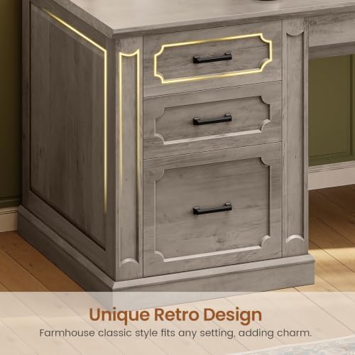 SEDETA Farmhouse 70.9" Executive Desk, Home Office Desk with File Drawers and Storage Cabinet, Computer Desk with Power Outlet for Home Office, Work Study Writing, Gray