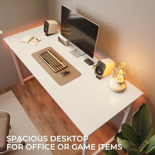 Huuger Computer Desk, 48 Inch Office Desk, Gaming Desk with Storage, Writing Desk Work Desk for Home Office, Study, Modern Simple Desk, Large Legroom, Metal Frame, White