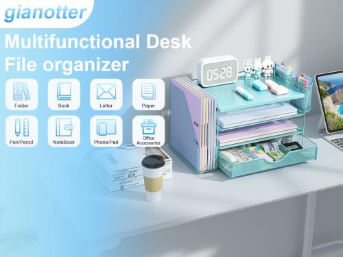 gianotter Wood Desk Organizers and Accessories with File Holder, 4-Tier Desk Accessories & Workspace Organizers with Drawer and 2 Pen Holder, Desk Reference Organizer (Blue, 4T with Metal Drawer)