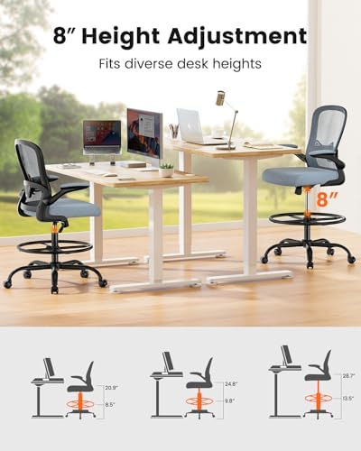 ErGear Drafting Chair,Tall Office Chair with Flip-Up Armrests, High Desk Chair Adjustable Height and Adjustable Footrest Ring, Ergonomic Standing Desk Chair with Lumbar Support, Blue,8 Pack