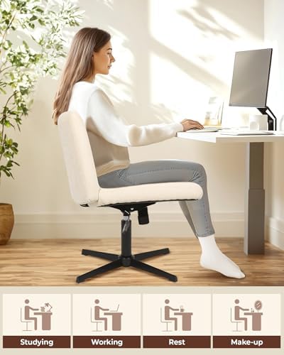 NEO Chair Criss Cross Chair No Wheels, Armless Cross Legged Office Desk Chair, Vanity Makeup Fabric Computer Comfy Adjustable Swivel Ergonomic Living Bedroom for Home Office (Fabric Beige)