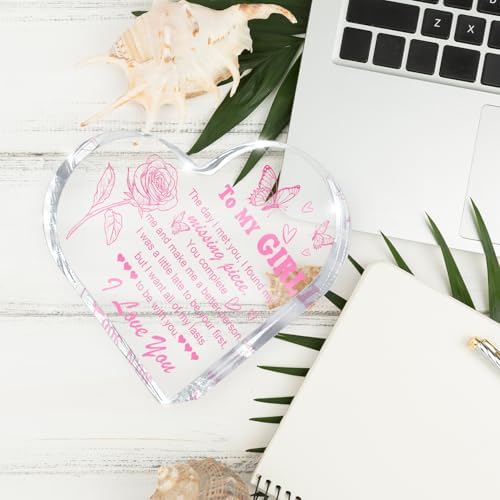 Love Heart Shaped Acrylic for Women, Pink Romantic "For My Girl" Decorative Gift, Anniversary Valentine's Day Gift, Couple Desk Decoration, Valentines Day Office Desk Accessories Decoration 4x4 Inch