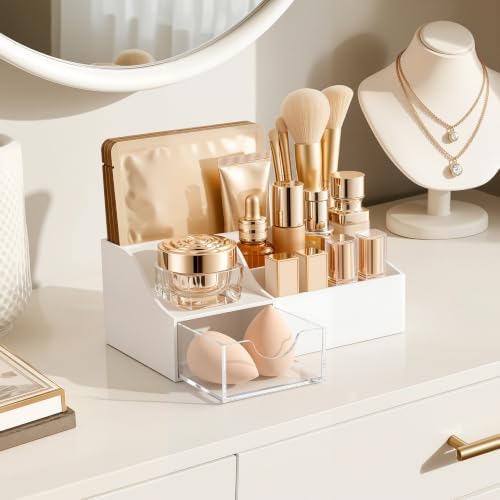 HBlife Acrylic Desk Organizer with Drawer, Pen & Pencil Holder, Multifunctional Desktop Caddy for Office Supply and Organization (White)