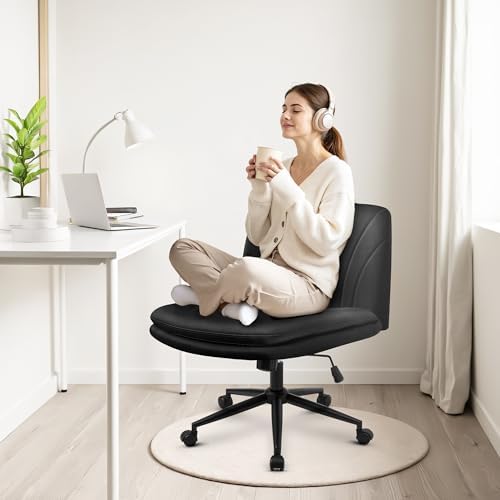Orange Factory Criss Cross Chair, Wide Leather Vanity Desk Seat, Black Pu