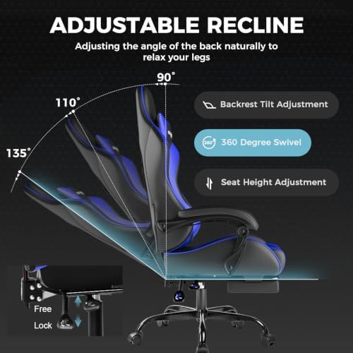 GTPLAYER Gaming Chair, Computer Chair with Footrest and Lumbar Support, Height Adjustable Game Chair with 360°-Swivel Seat and Headrest and for Office or Gaming (Faux Leather, Blue)