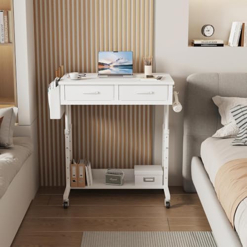 WINAZ Small Rolling Standing Desk with Drawers & Storage, 32 Inch Height Adjustable Desk on Wheels for Teachers, Students, Portable Mobile Workstation for Home Office, Small Spaces, Sewing & Crafts