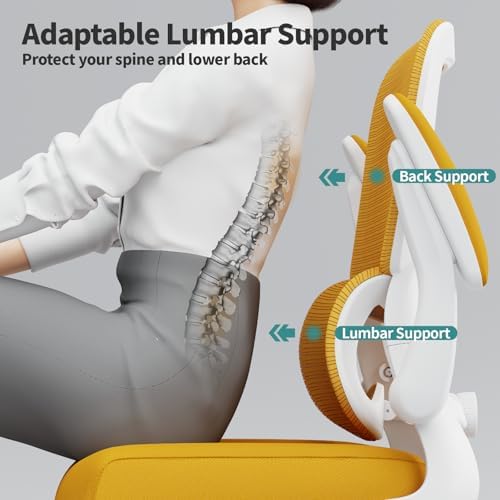 TRALT Office Chair - Ergonomic Desk Chair with Adjustable Lumbar Support, Mesh Computer Chair, Executive Chair for Home Office Comfortable Lumbar Support (1, White Yellow)