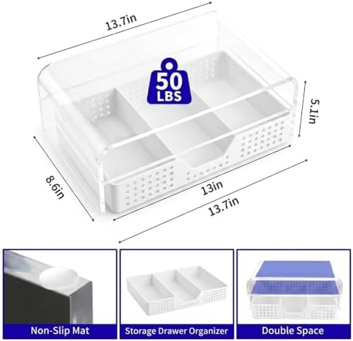 OPNICE Desk Organizer and Accessories, 2-Tier Computer Monitor Stand Riser with Drawer and 2 Pen Holders, Laptop Stand, Office Desk Accessories for Office Supplies, Transparent