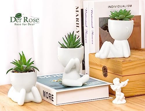 Der Rose 3 Pack Fake Succulents in White Human-Shaped Pots for Desk Decor