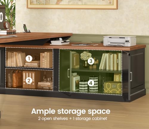 SEDETA Farmhouse L Shaped Desk with Drawers, 70.9" Home Office Desk with Storage Cabinet and Storage Shelves, L Shaped Computer Desk with Power Outlet,Black+Brown