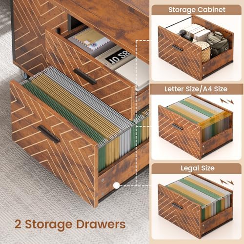 SEDETA 71" Executive Desk with Rolling File Cabinet, Large Office Desk with Drawers, L Shaped Computer Desk with Power Outlets, CPU Stand, Pegboard and Storage Shelves, Rustic Brown