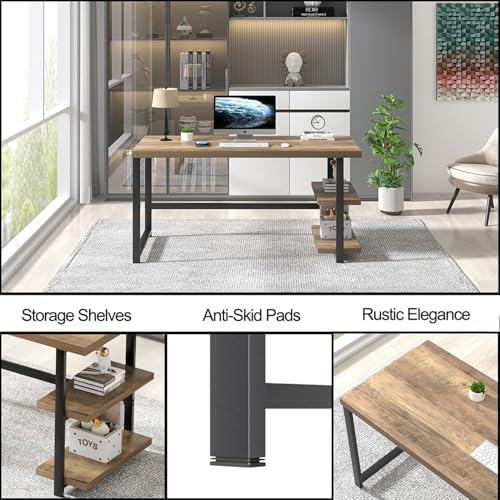 FOLUBAN Computer Desk, Modern Home Office Desk with Storage Shelves, Writing Study Gaming Table for Living Room Bedroom, Rustic Oak, 53 Inch