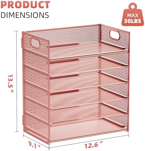 Marbrasse 2 Pack Desk Organizer with Handle, 6 Tier Paper Letter Tray, Mesh Desk File Organizer for Office, School and Home - Rose Gold