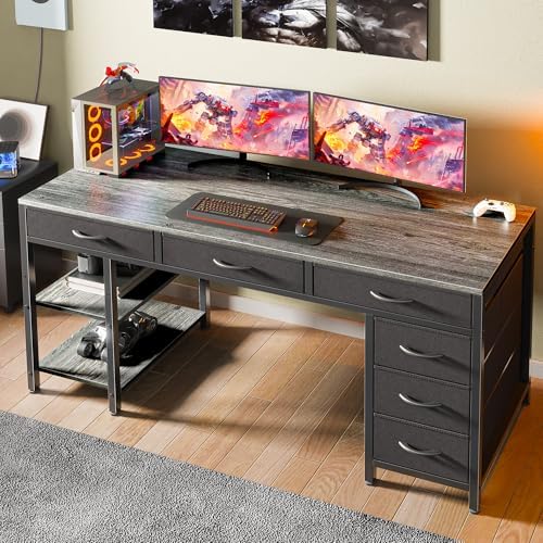 Huuger Computer Desk with 6 Drawers, Office Desk with Shelves, Reversible Gaming Desk, Corner Desk with Storage, Work for Home Office, Study, Living Room, 54inch, Grey