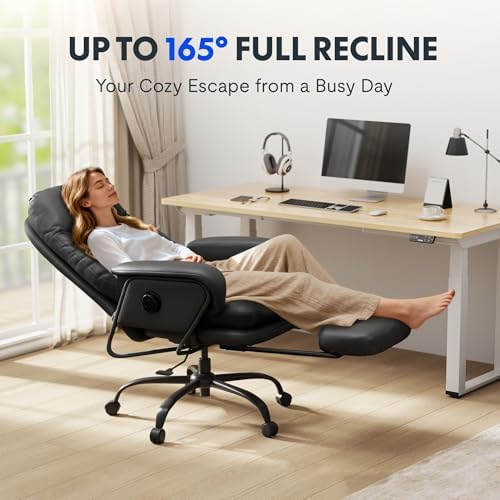 FLEXISPOT 2-in-1 Chaise Lounge Chair Indoor with Wheels Footrest 90-165° Reclining Lumbar Support, Chairs for Living Room Bedroom Study Relaxing Working Sleeping, Black PU Leather, HC4 Basic Back