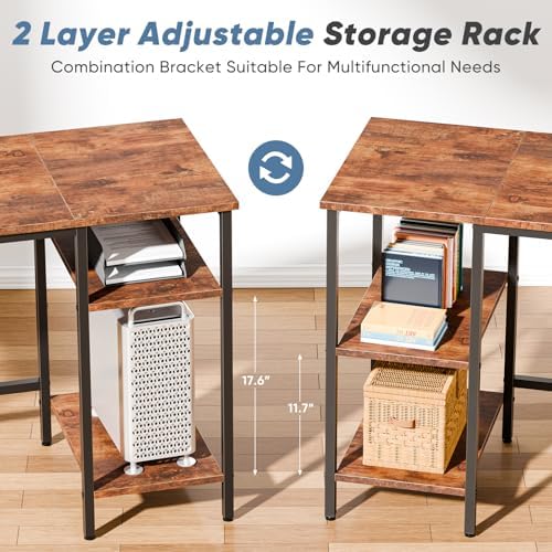 DUMOS 62” L Shaped Desk with Drawers and Power Outlet, Rustic Brown