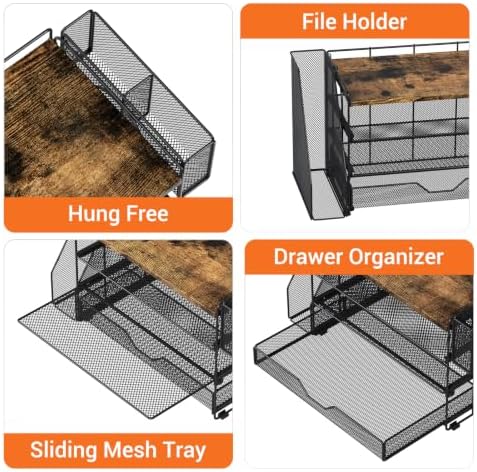 OPNICE Desk Organizers and Accessories, 4-Tier Desktop File Organizer with Drawer and Pen Holders, Office Desk Accessories Workspace Organizers for Office Supplies (Brown)