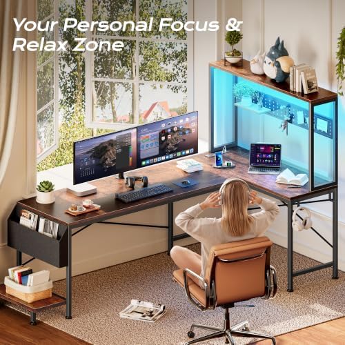 PRAISUN L Shaped Gaming Desk with LED Lights & Power Outlets