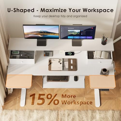 OffiGo 55 Inch U Shape Standing Desk with Keyboard Tray & Drawers, White
